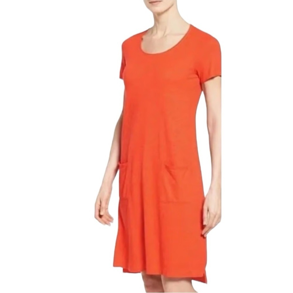 Eileen Fisher Orange T Shirt Midi Dress Size L Casual Beach Vacation Pockets - Picture 2 of 6
